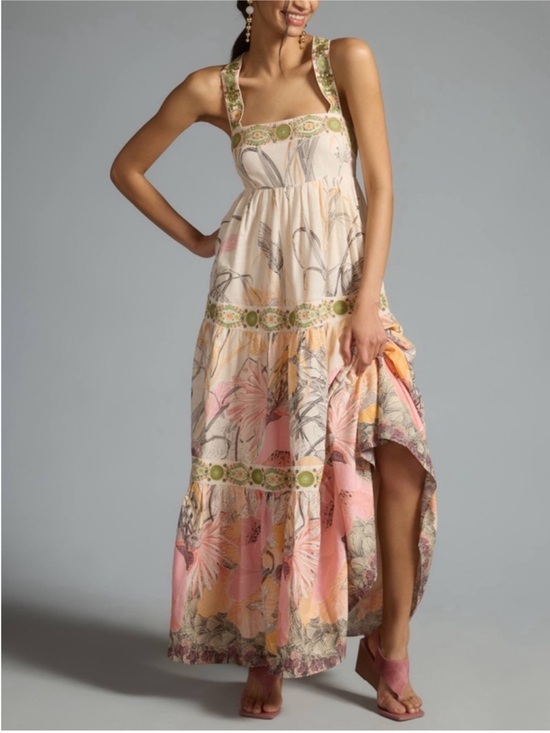 Anthropologie Dresses & Skirts - Anthropologie Pink Embroidered Beaded Square Neck Bohemian Tie Back Maxi Dress L
